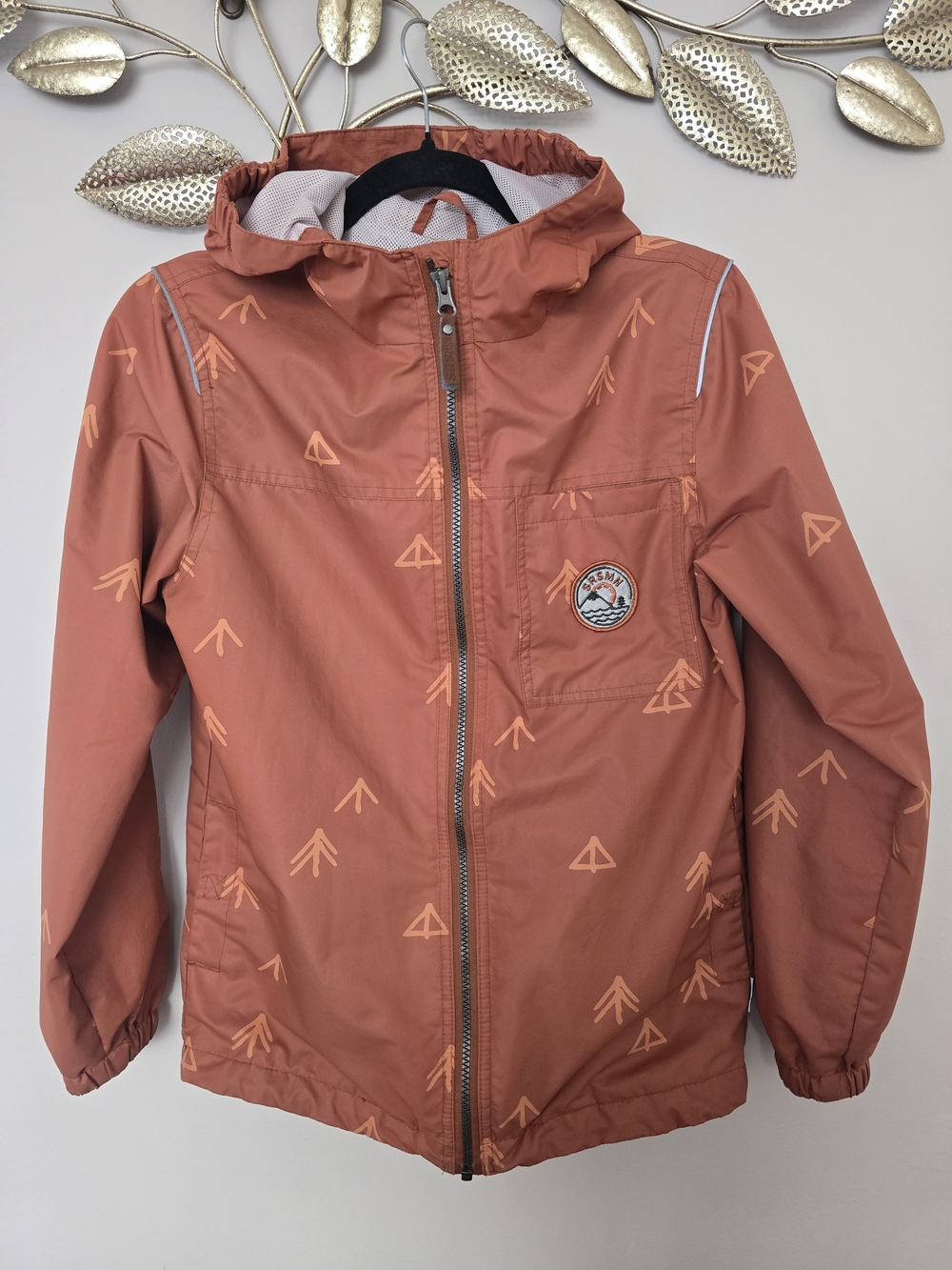 Kids Rust Orange Hooded Raincoat with Graphic Print Windbreaker Boy Girl 12 y.o.